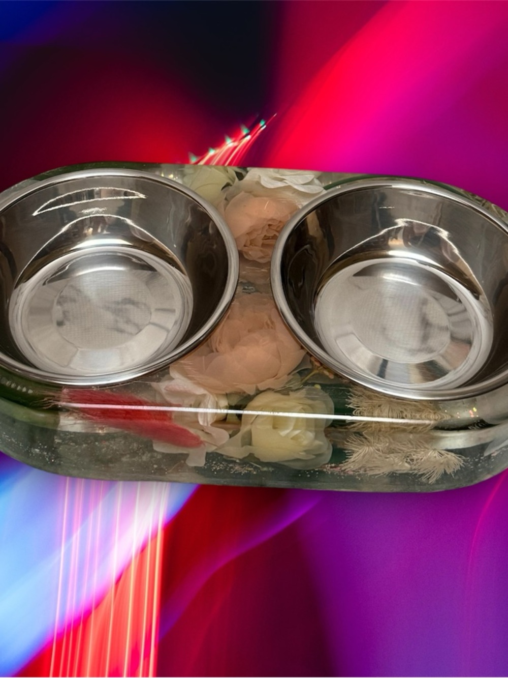 Stainless Steel Double Pet Bowl with Floral Resin Base - Green